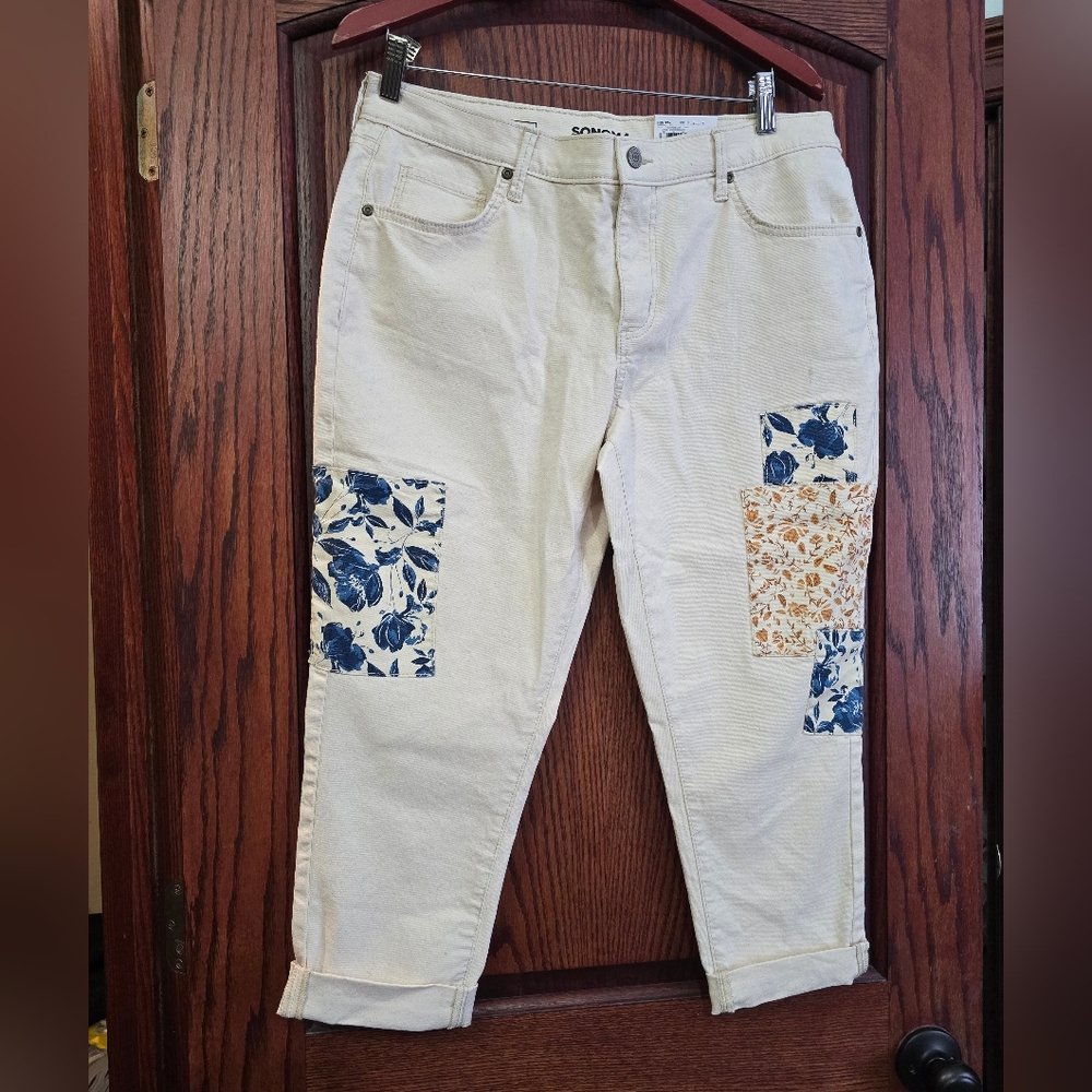 Sonoma Womens Girlfriend Jeans Floral Patches Mid Rise 12P
